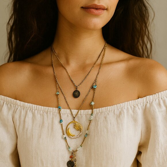 FREE PEOPLE x Ariana Ost Layered Celestial Gold Necklace In Gemstone - EXCLUSIVE - Picture 1 of 6